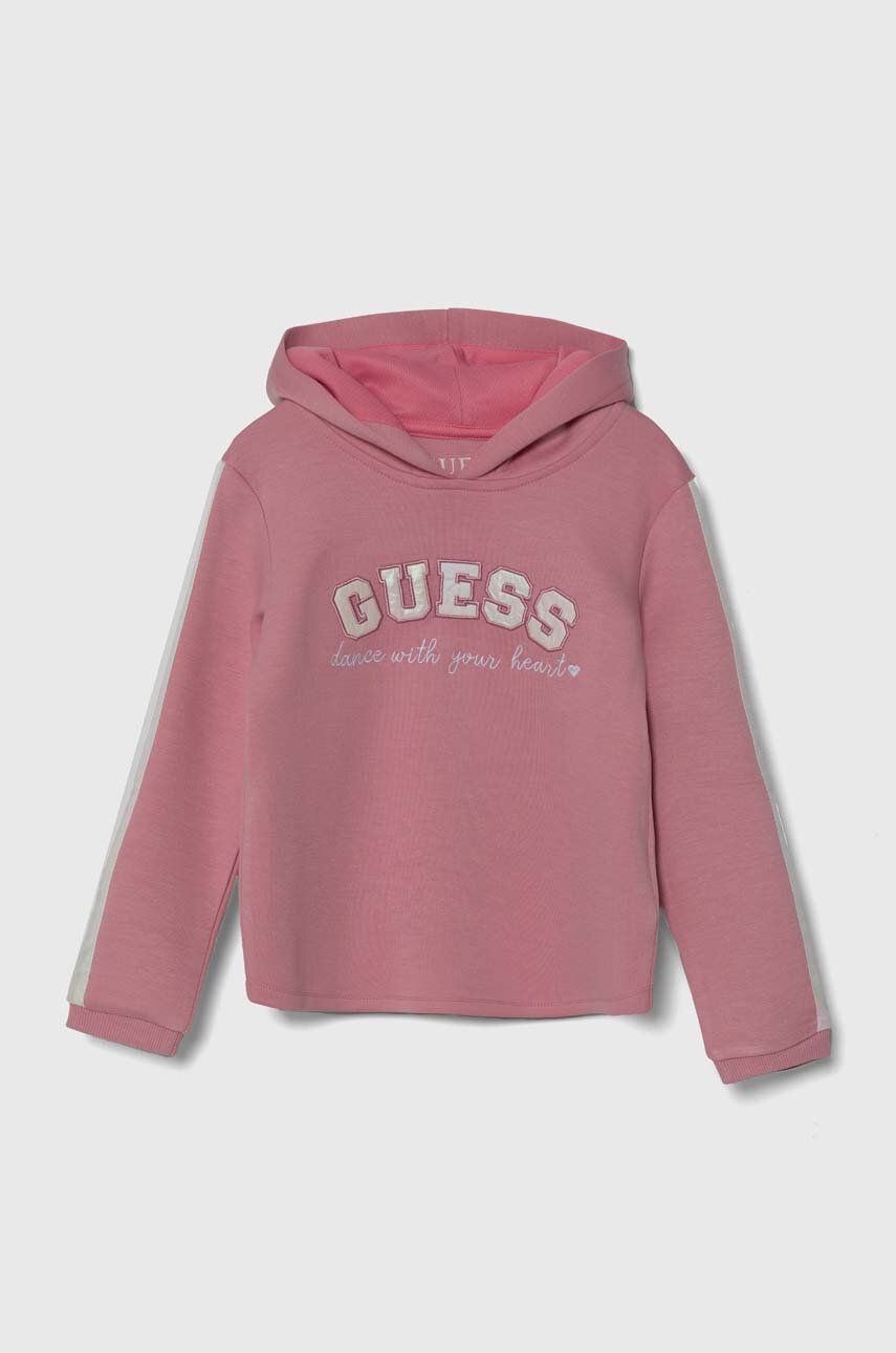 Dětská mikina Guess růžová barva, s kapucí, s aplikací