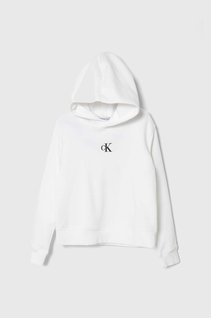 

Детски суичър Calvin Klein Jeans в бяло с качулка с принт, Бял