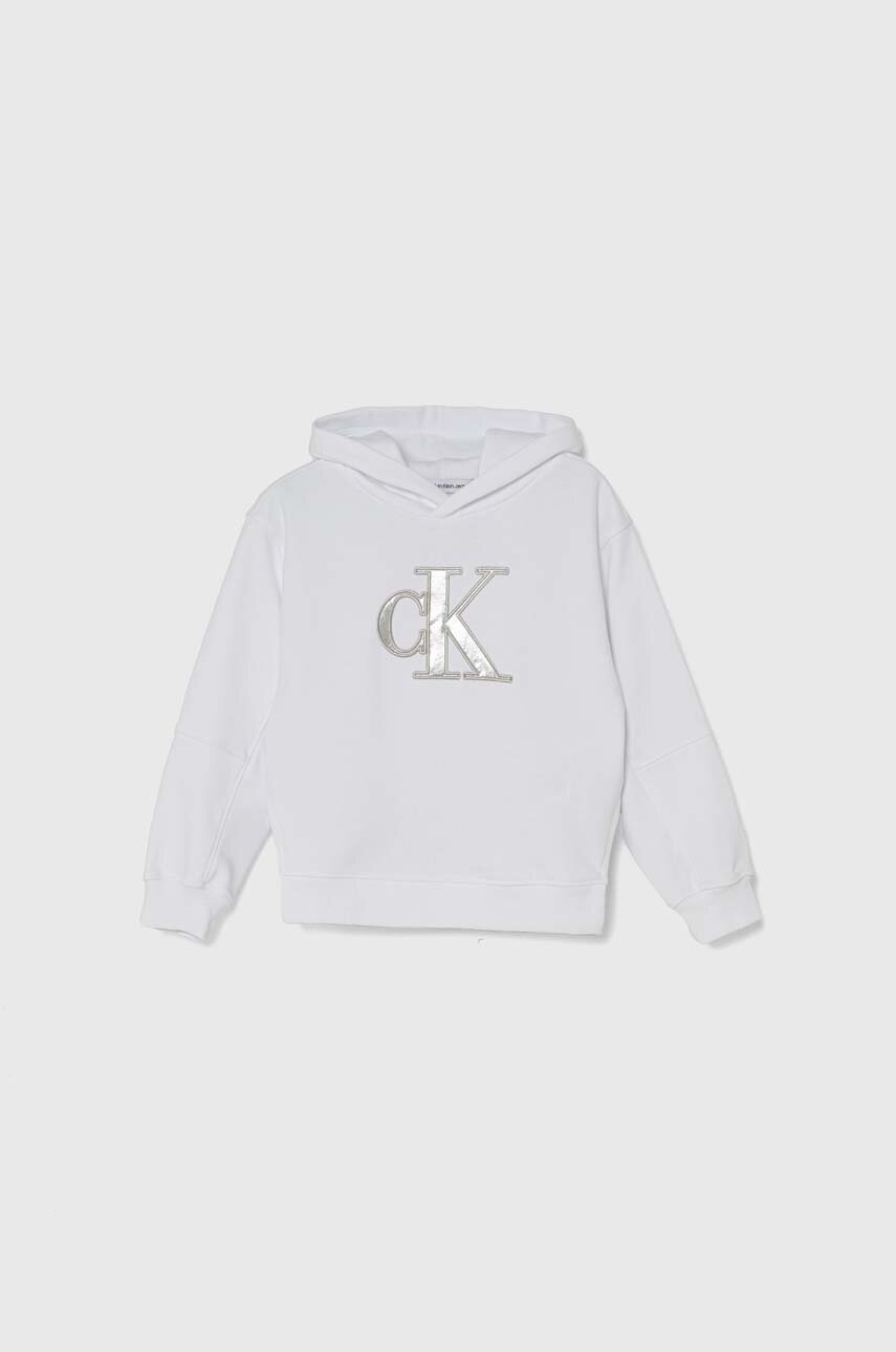 

Детски суичър Calvin Klein Jeans в бяло с качулка с апликация, Бял