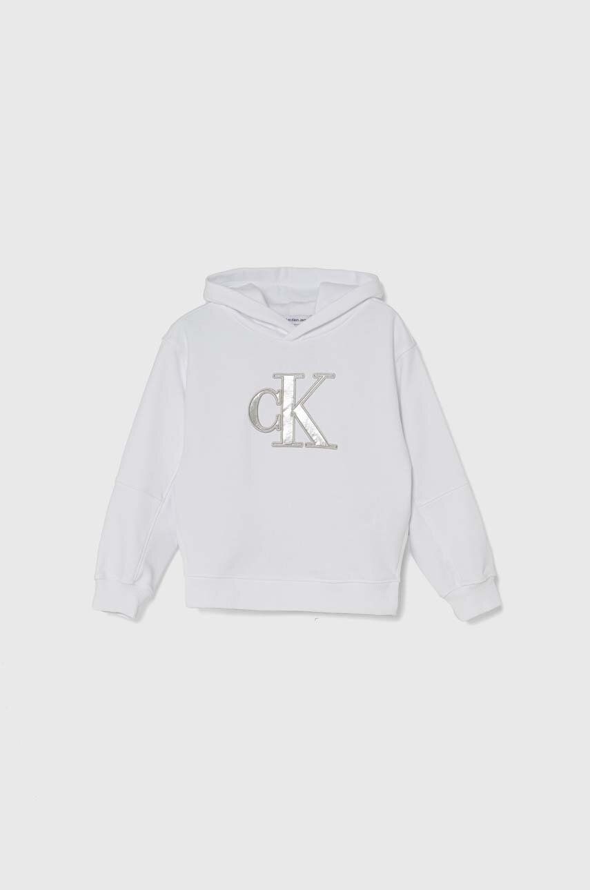 E-shop Dětská mikina Calvin Klein Jeans bílá barva, s kapucí, s aplikací