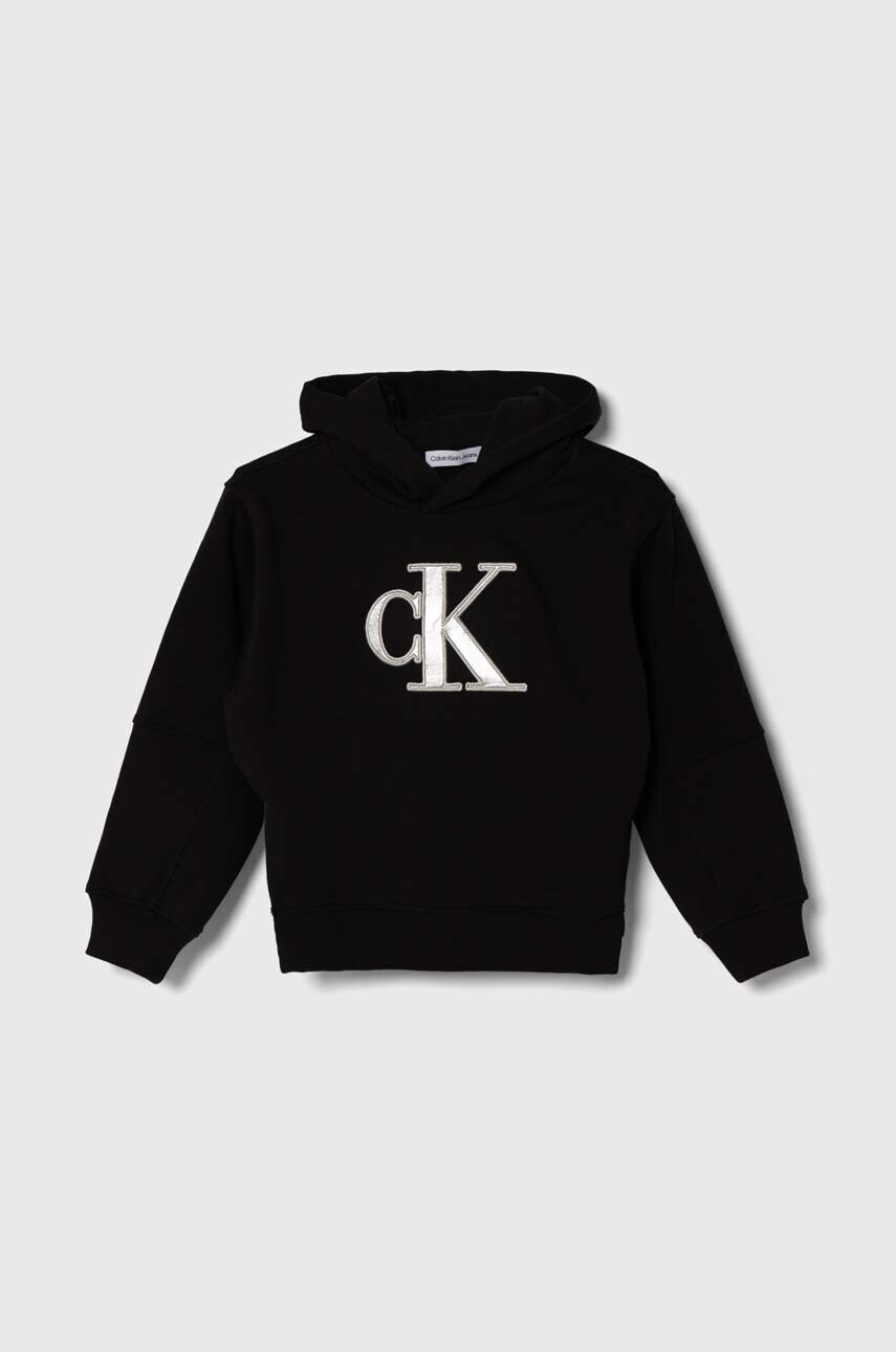 

Детски суичър Calvin Klein Jeans в черно с качулка с апликация, Черен