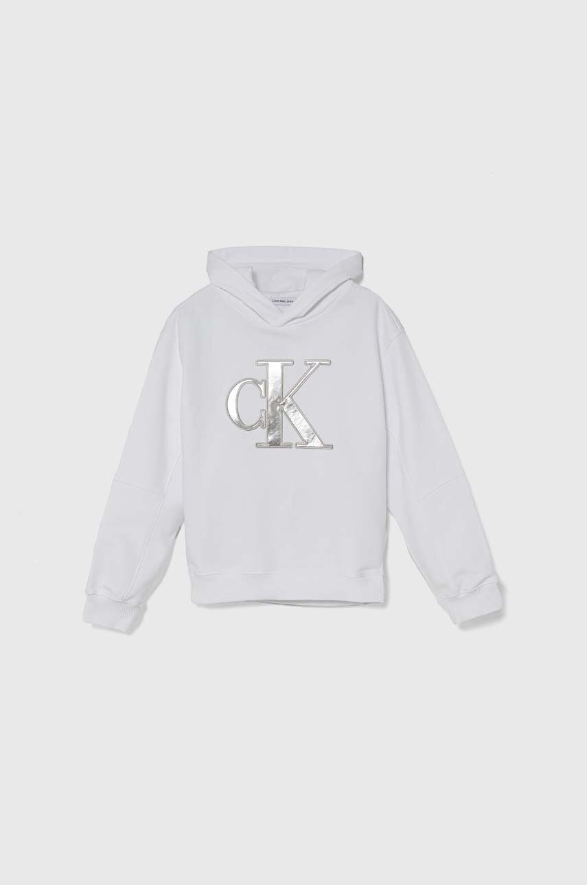 E-shop Dětská mikina Calvin Klein Jeans bílá barva, s kapucí, s potiskem
