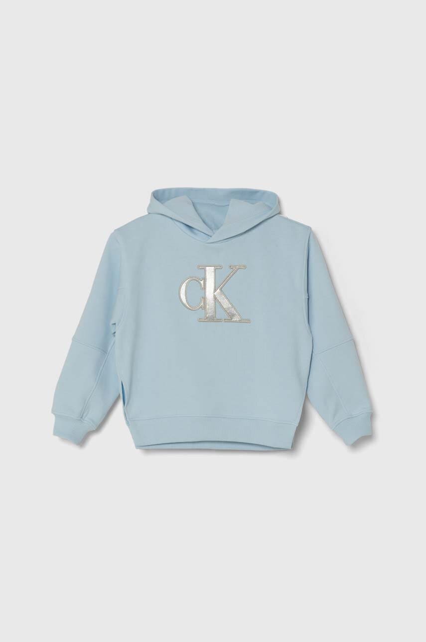

Детски суичър Calvin Klein Jeans в синьо с качулка с принт, Син