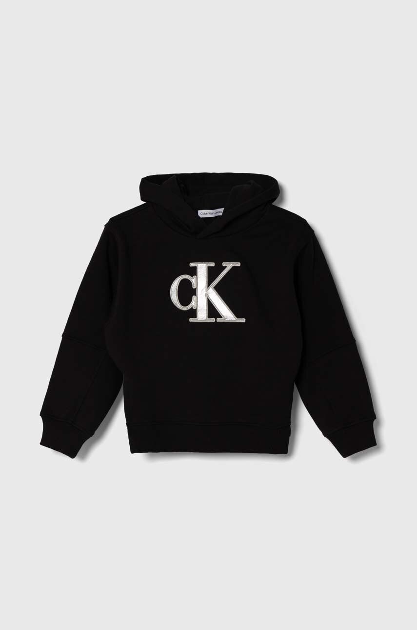 E-shop Dětská mikina Calvin Klein Jeans černá barva, s kapucí, s potiskem