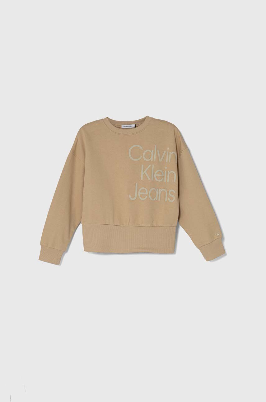 Levně Dětská bavlněná mikina Calvin Klein Jeans béžová barva, s potiskem