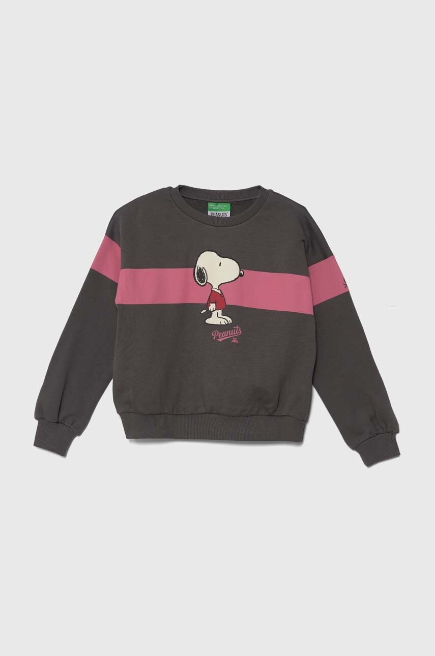 Levně Dětská bavlněná mikina United Colors of Benetton x Snoopy šedá barva, s potiskem