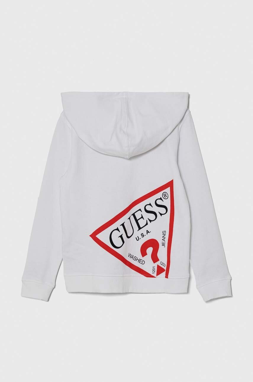 Детская хлопковая кофта Guess цвет синий с капюшоном с принтом