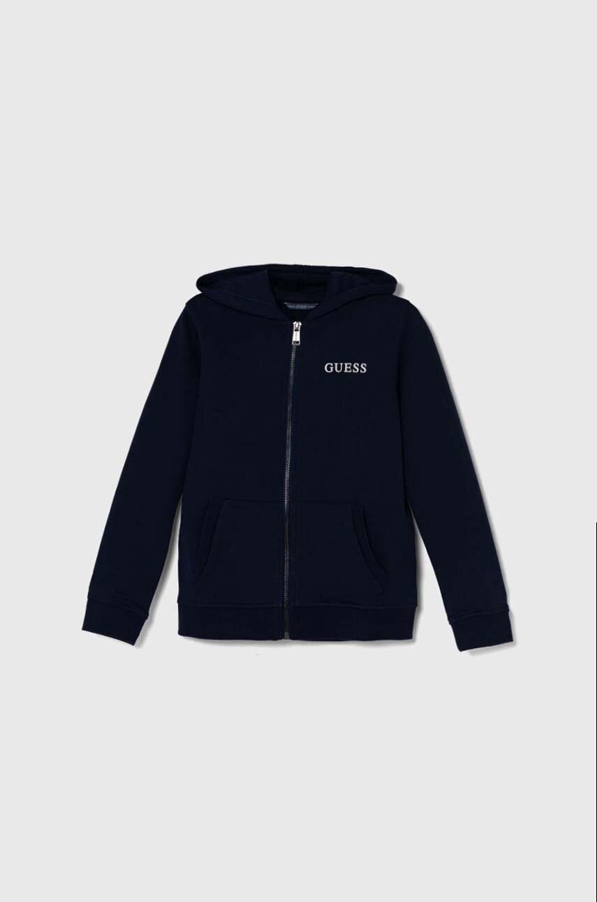 

Дитяча бавовняна кофта Guess колір синій з капюшоном з принтом