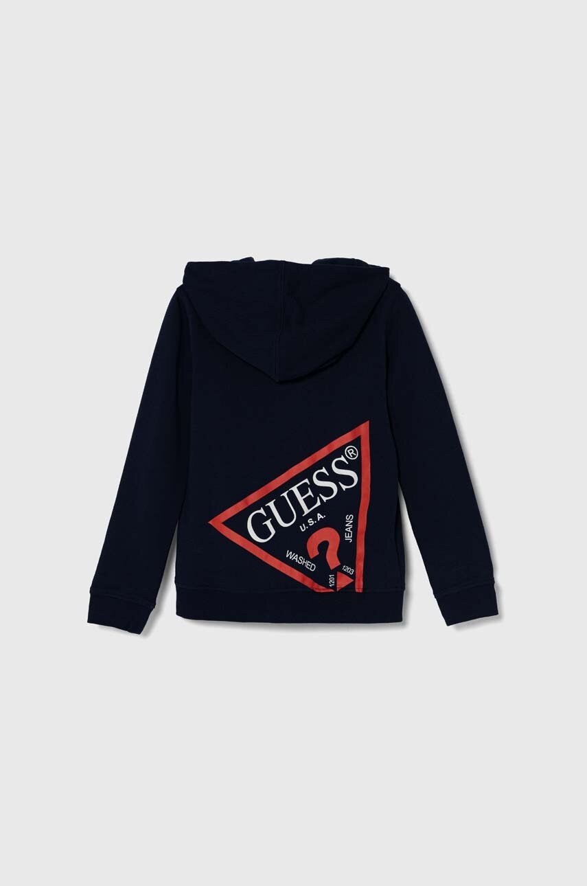 Детская хлопковая кофта Guess цвет синий с капюшоном с принтом Детская хлопковая кофта Guess цвет синий с капюшоном с принтом