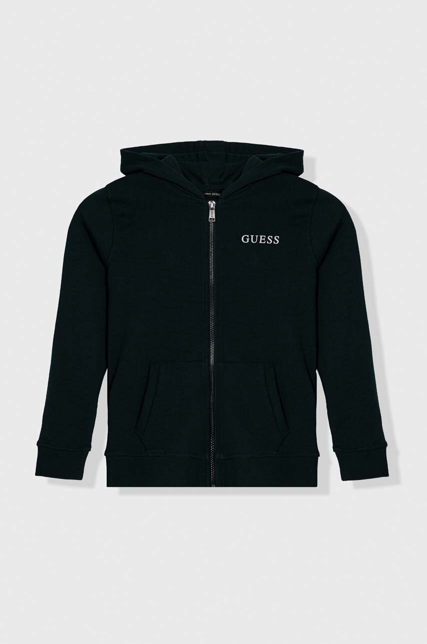 Детская хлопковая кофта Guess цвет зелёный с капюшоном с принтом Детская хлопковая кофта Guess цвет зелёный с капюшоном с принтом