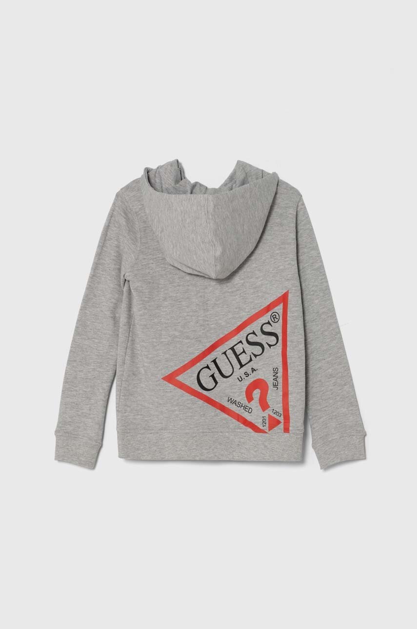 Детская хлопковая кофта Guess цвет серый с капюшоном с принтом