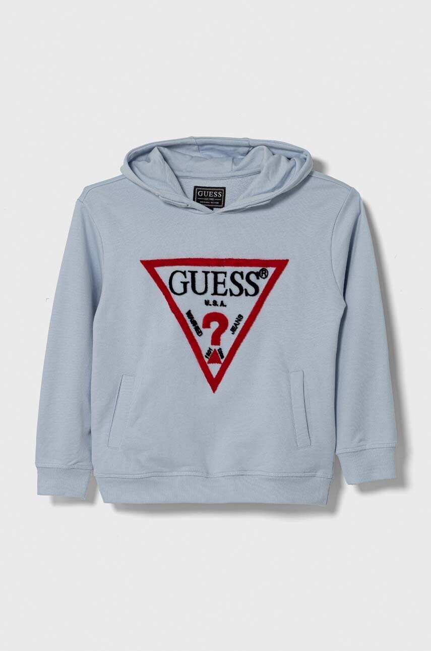 Levně Dětská bavlněná mikina Guess s kapucí, s aplikací