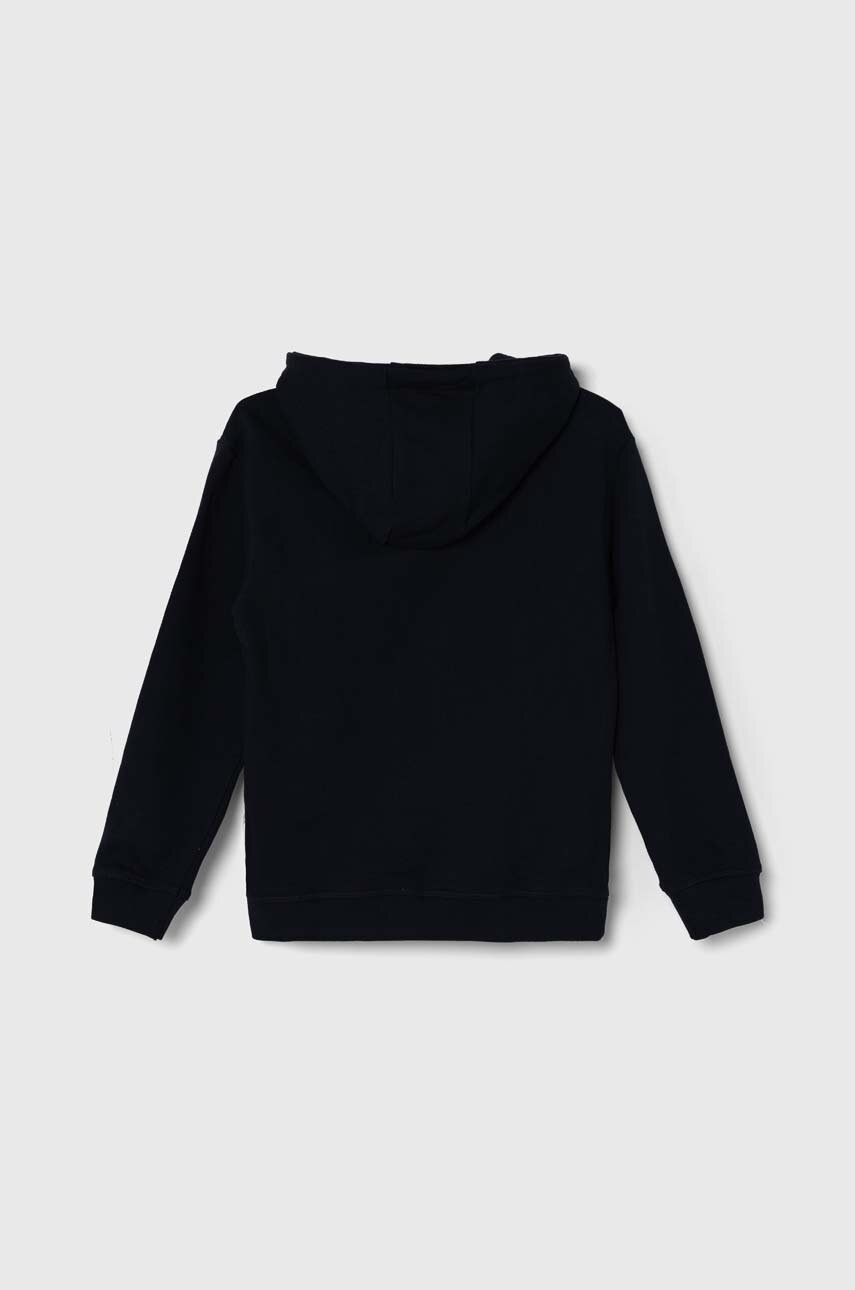 Детская хлопковая кофта Guess цвет синий с капюшоном с аппликацией