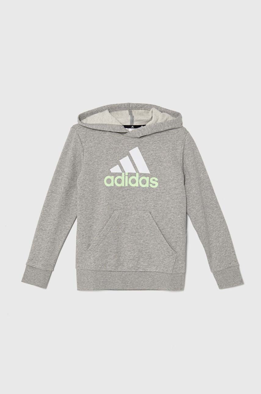 Levně Dětská mikina adidas šedá barva, s kapucí, s potiskem