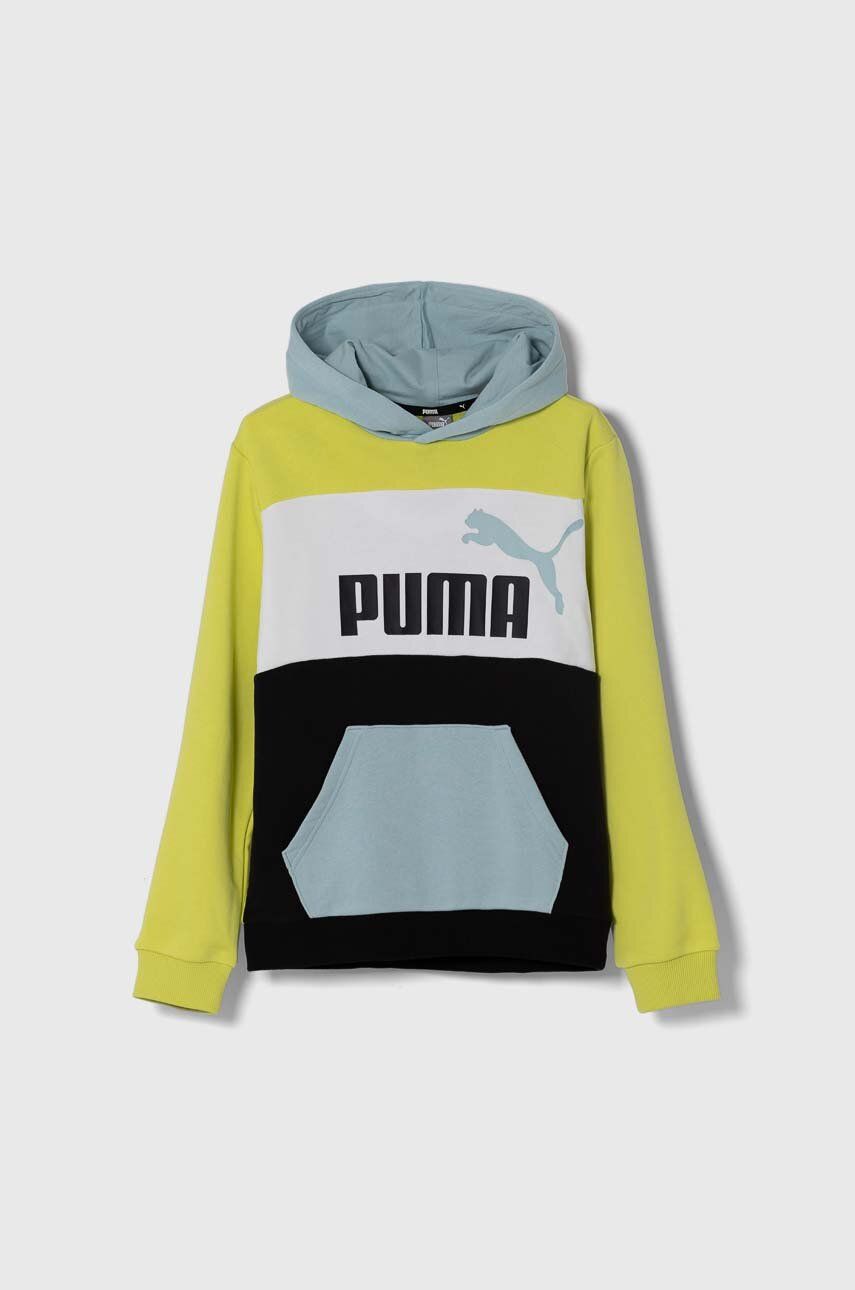 E-shop Dětská mikina Puma ESS BLOCK TR B žlutá barva, s kapucí, vzorovaná