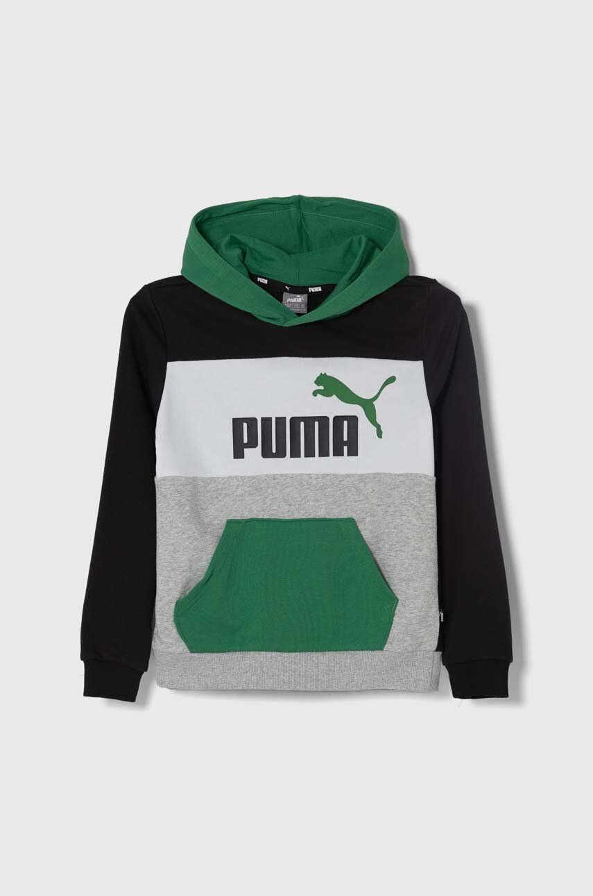 Levně Dětská mikina Puma ESS BLOCK TR B zelená barva, s kapucí, vzorovaná
