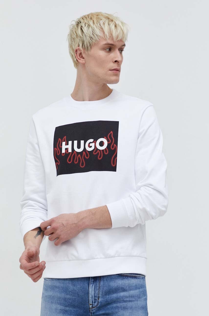 E-shop Bavlněná mikina HUGO pánská, bílá barva, s potiskem