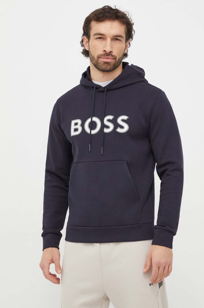 Boss Green bluza barbati, culoarea albastru marin, cu glugă, cu imprimeu