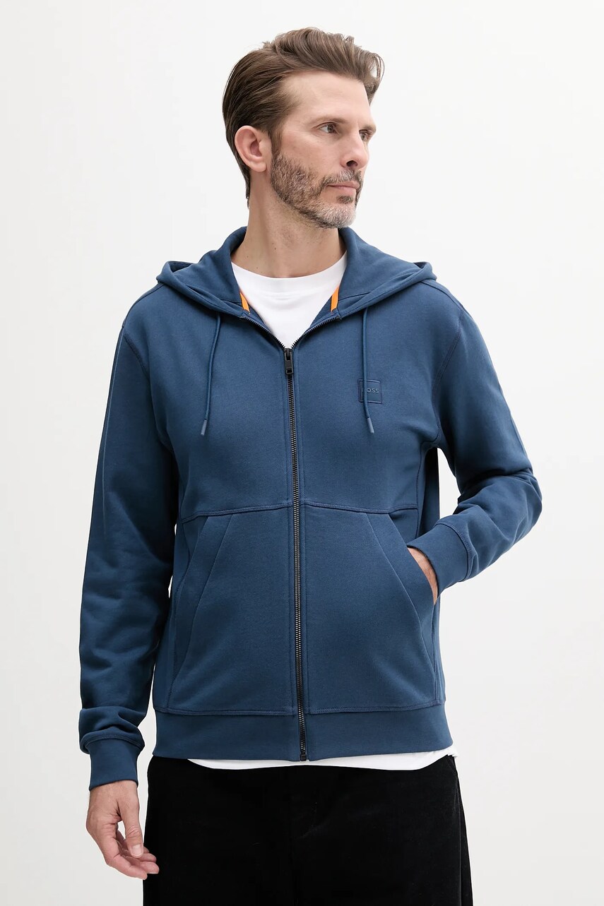 Levně Bavlněná mikina BOSS Orange pánská, modrá barva, s kapucí, hladká, 50508578