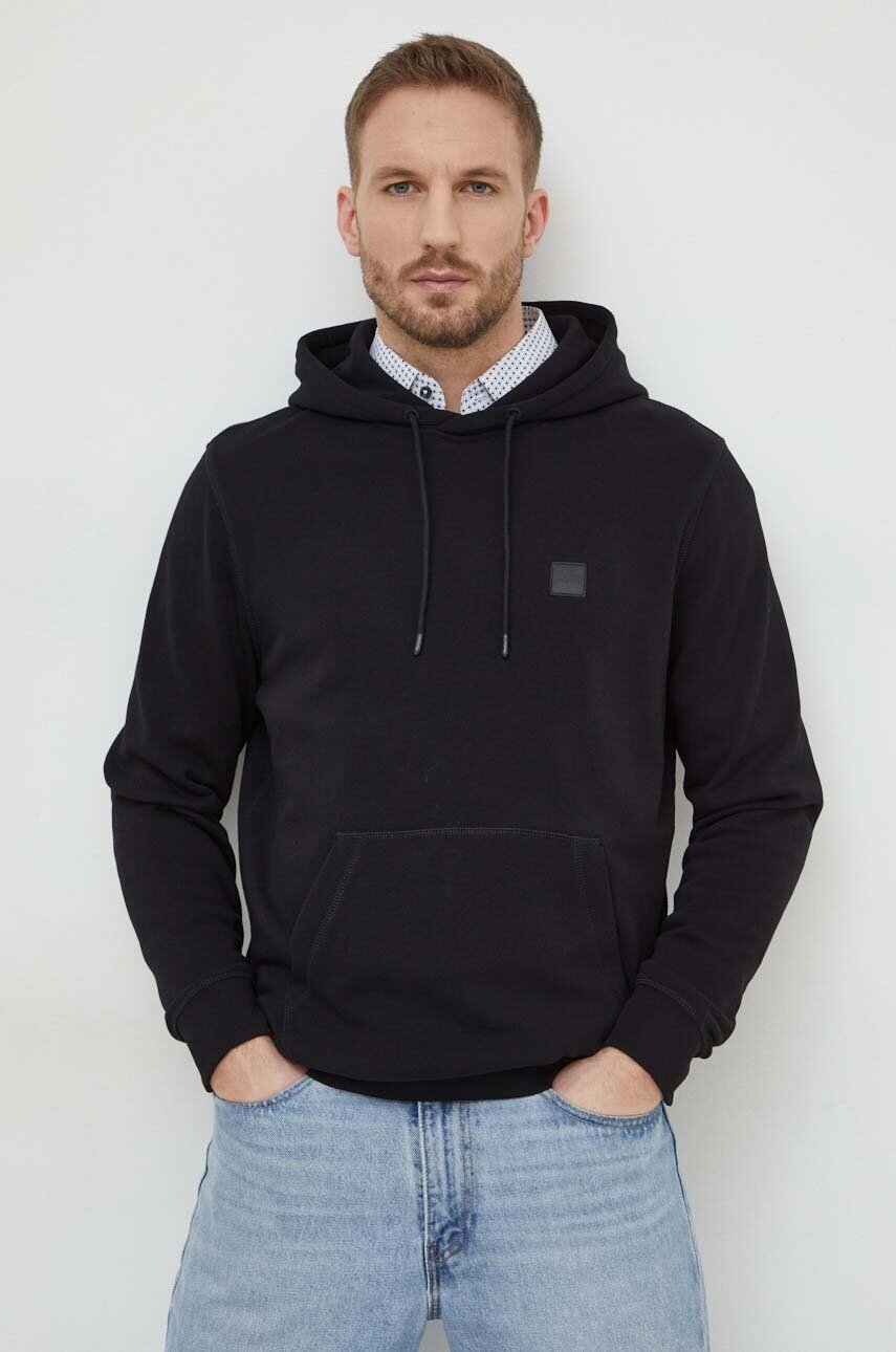 Βαμβακερή μπλούζα Boss Orange χρώμα: μαύρο, με κουκούλα, 50509314 φωτογραφία