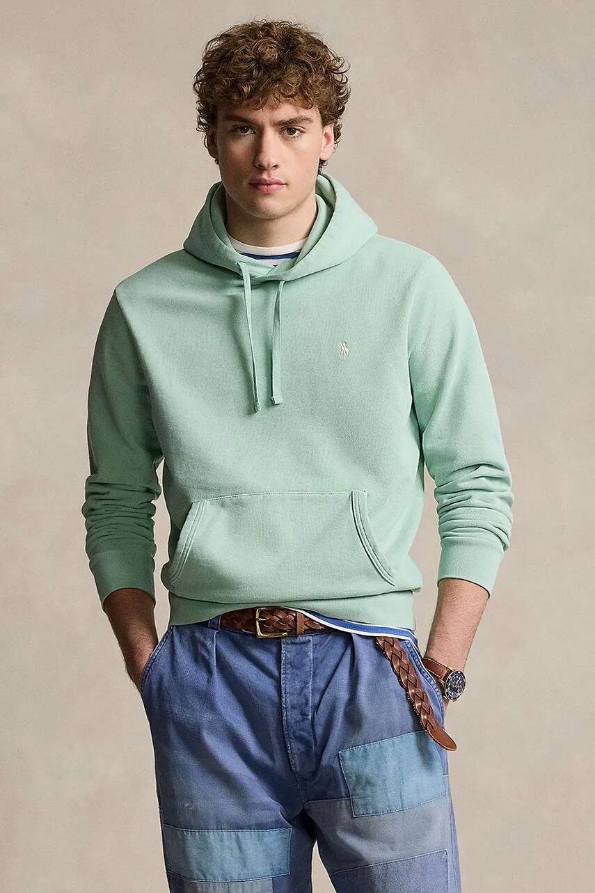 Levně Bavlněná mikina Polo Ralph Lauren pánská, zelená barva, s kapucí, hladká, 710916690