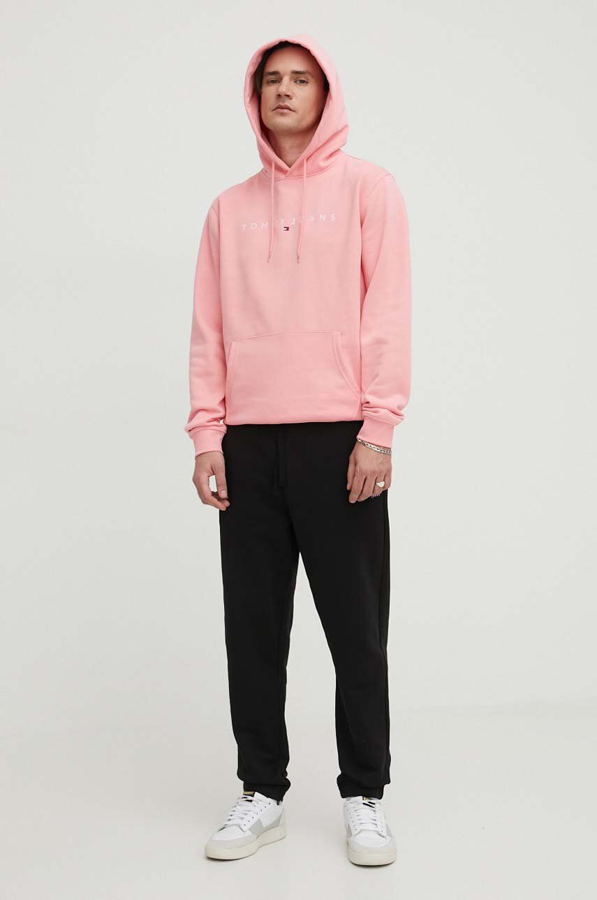 Levně Mikina Tommy Jeans pánská, růžová barva, s kapucí, s aplikací
