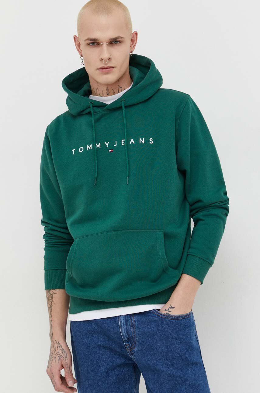 Levně Mikina Tommy Jeans pánská, zelená barva, s kapucí, s aplikací, DM0DM17985