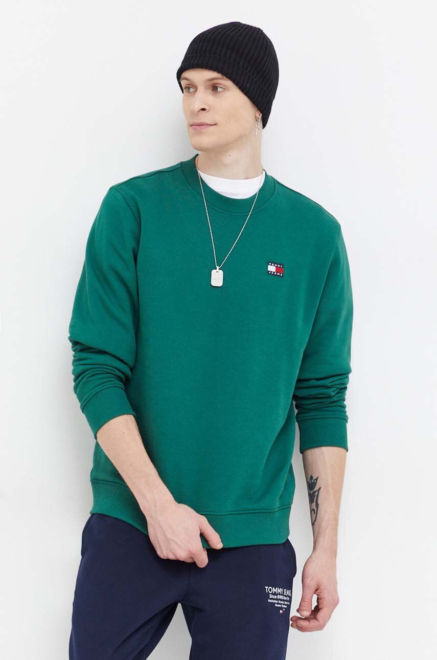 Tommy Jeans hanorac de bumbac barbati, culoarea verde, neted