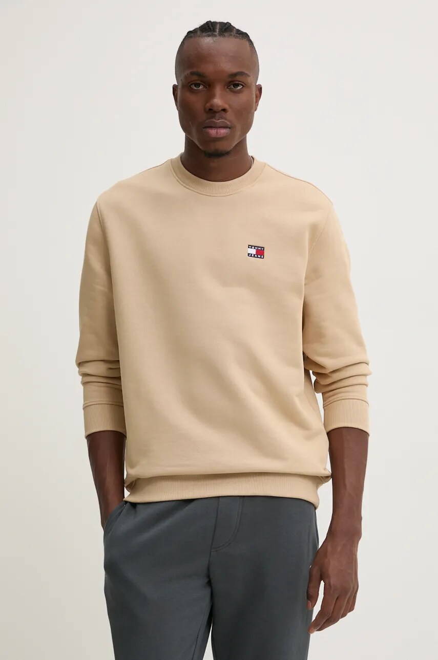 

Памучен суичър Tommy Jeans в кафяво с изчистен дизайн, Кафяв