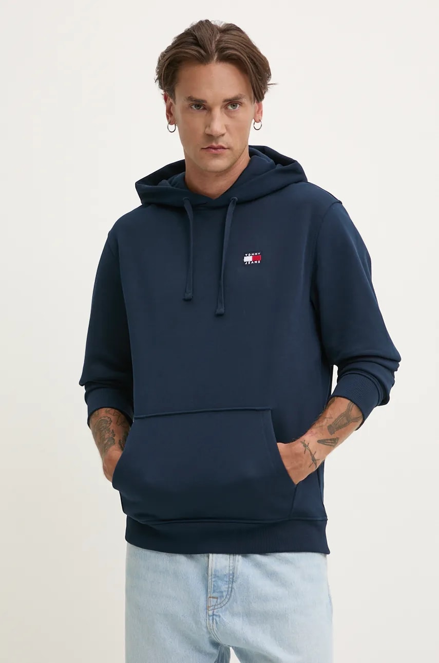 Tommy Jeans hanorac de bumbac barbati, culoarea albastru marin, cu glugă, neted, DM0DM17988