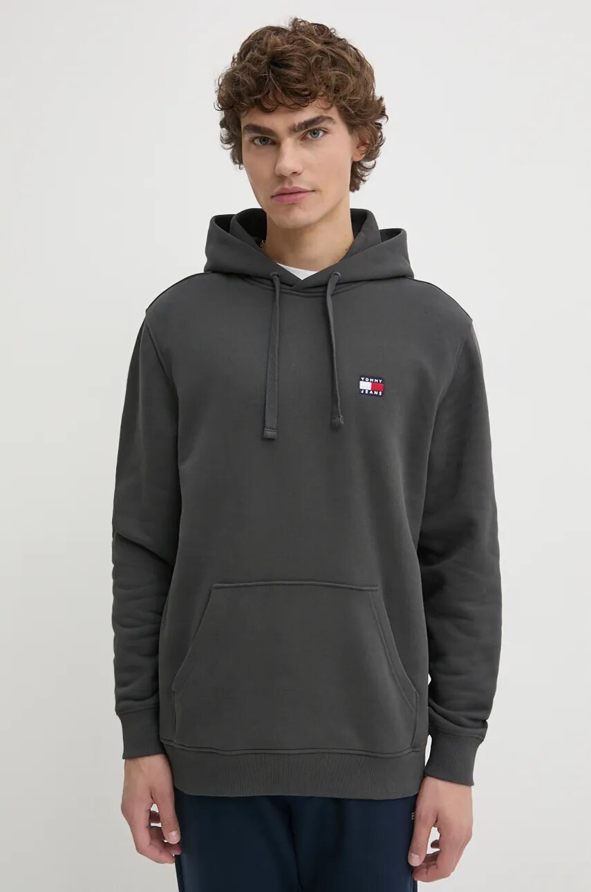 Levně Bavlněná mikina Tommy Jeans pánská, šedá barva, s kapucí, hladká, DM0DM17988