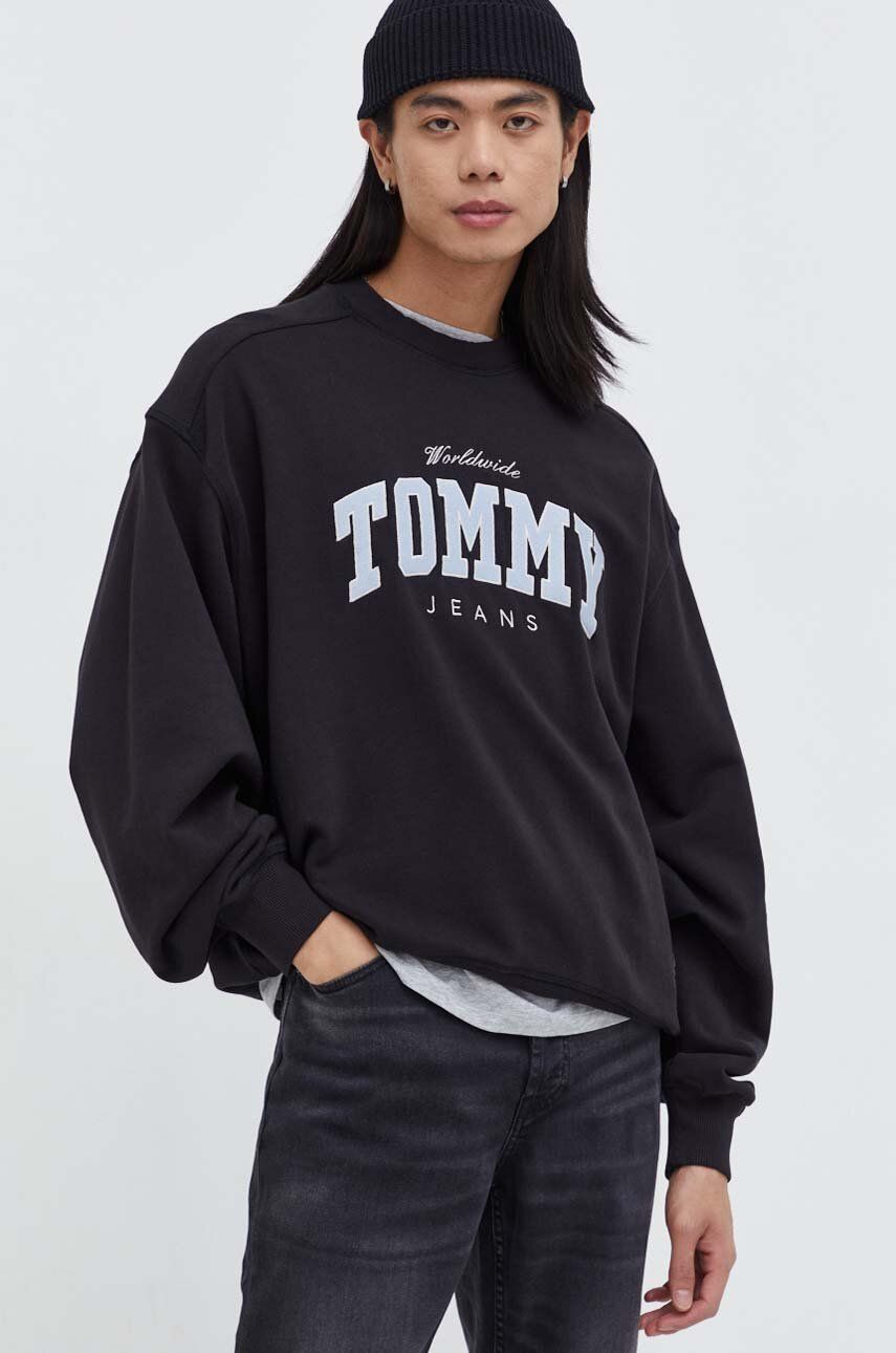 Tommy Jeans hanorac de bumbac bărbați, culoarea negru, cu imprimeu DM0DM18386