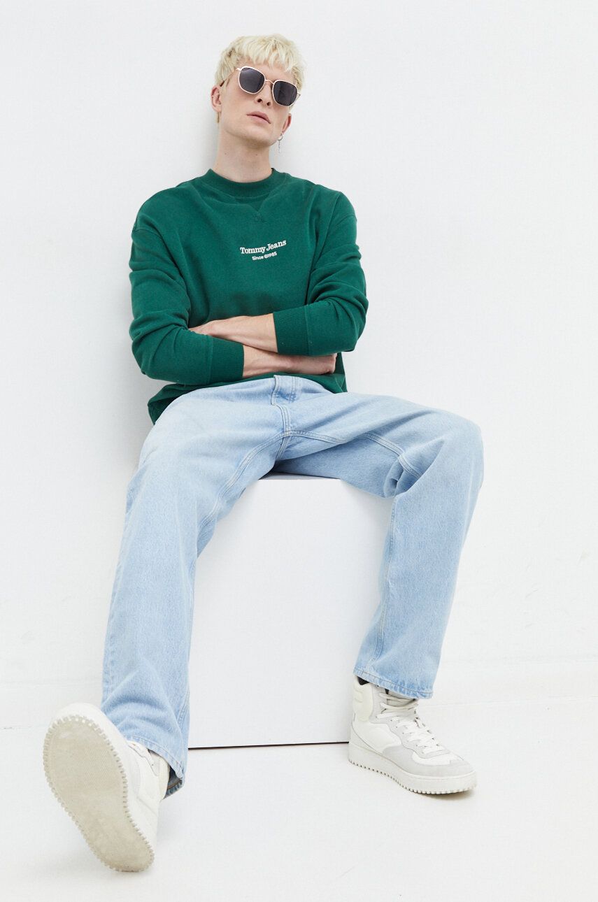 Levně Bavlněná mikina Tommy Jeans pánská, zelená barva, s aplikací, DM0DM18411