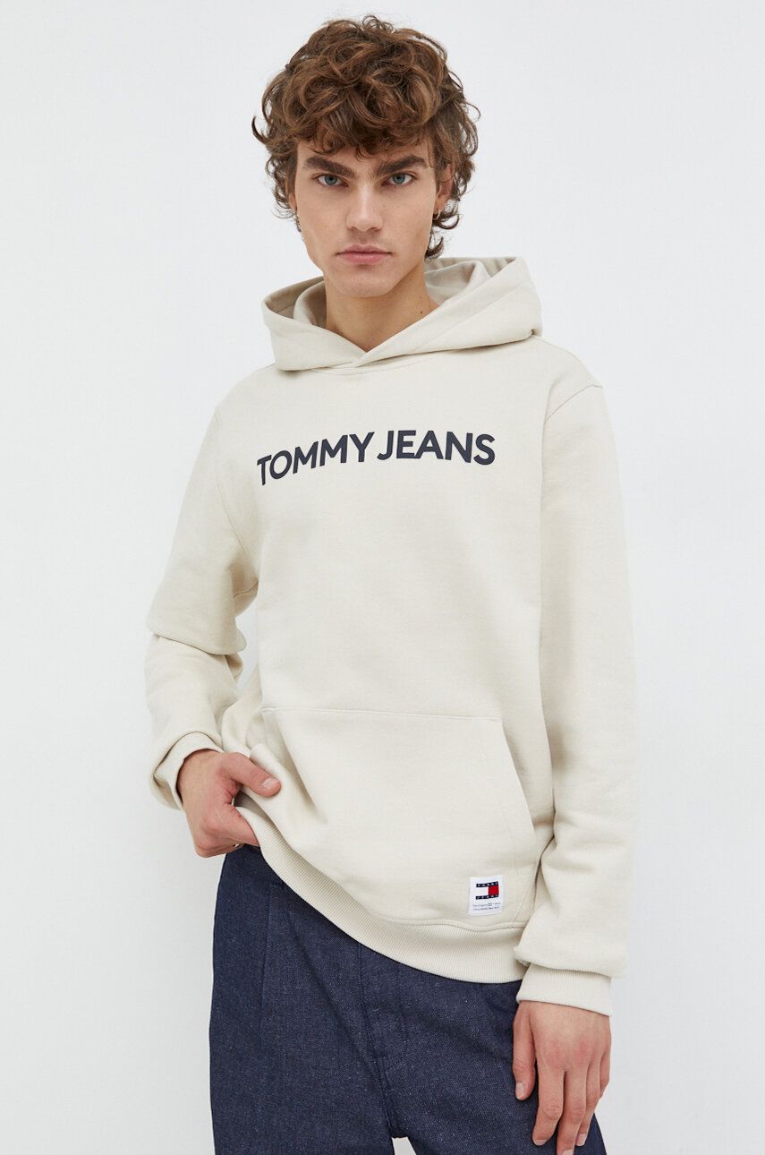 Bavlněná mikina Tommy Jeans pánská, béžová barva, s kapucí, s potiskem, DM0DM18413