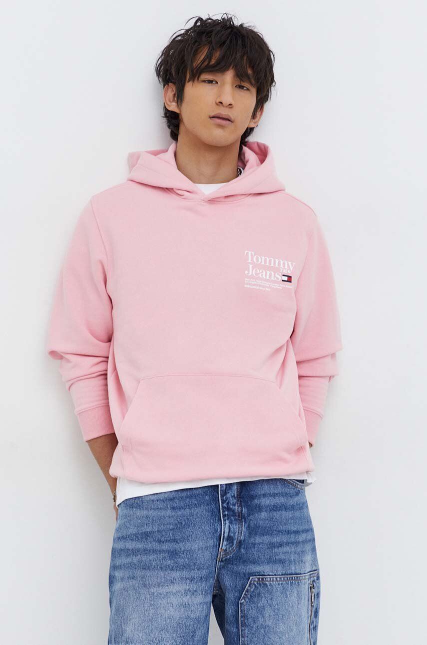 Levně Mikina Tommy Jeans pánská, růžová barva, s kapucí, s potiskem, DM0DM18860