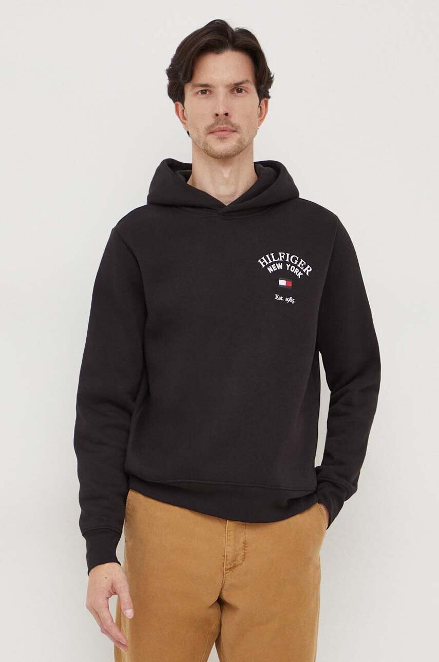 Levně Mikina Tommy Hilfiger pánská, černá barva, s kapucí, s potiskem, MW0MW33641