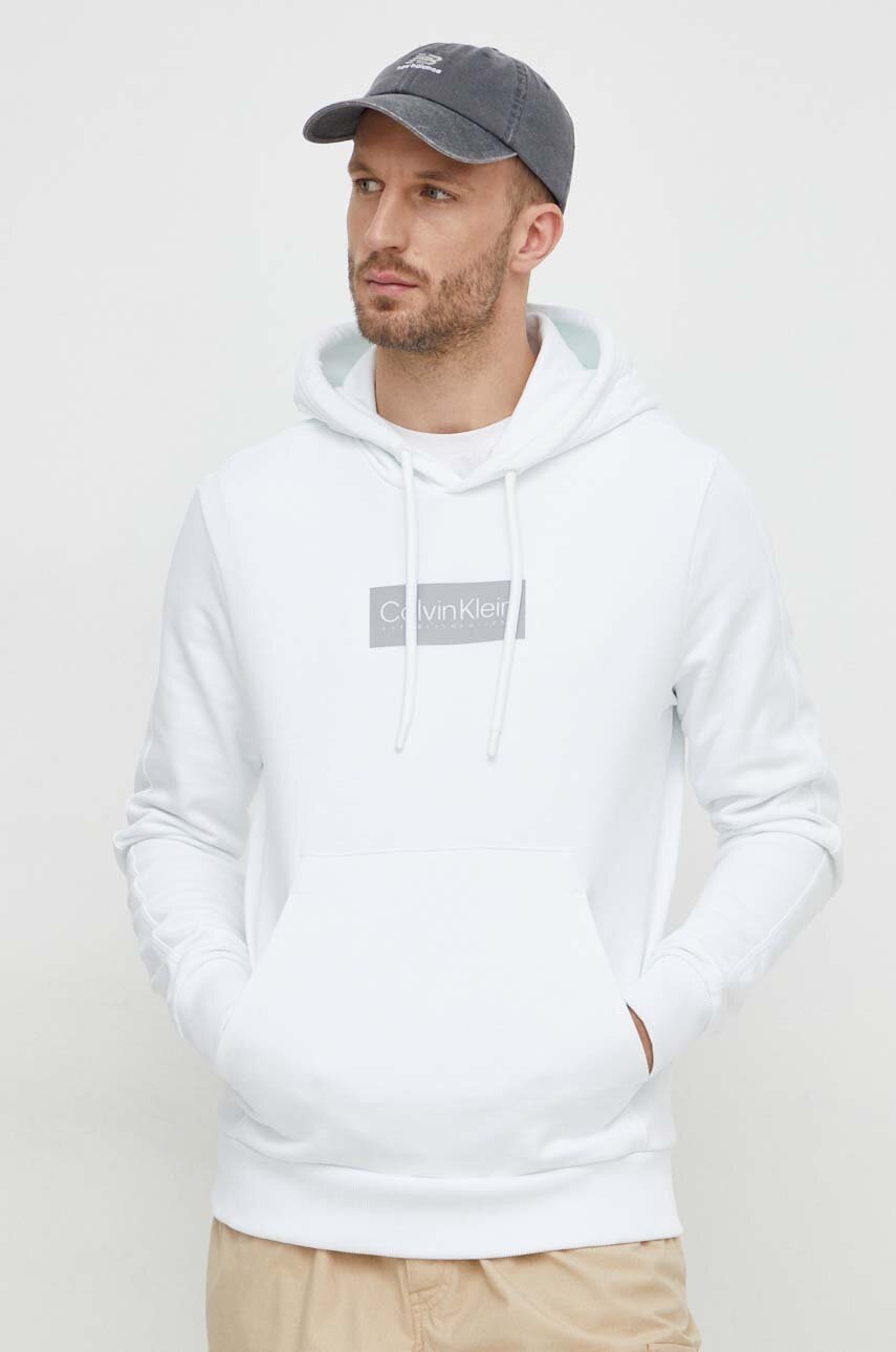 Bavlněná mikina Calvin Klein pánská, bílá barva, s kapucí, s aplikací, K10K112250