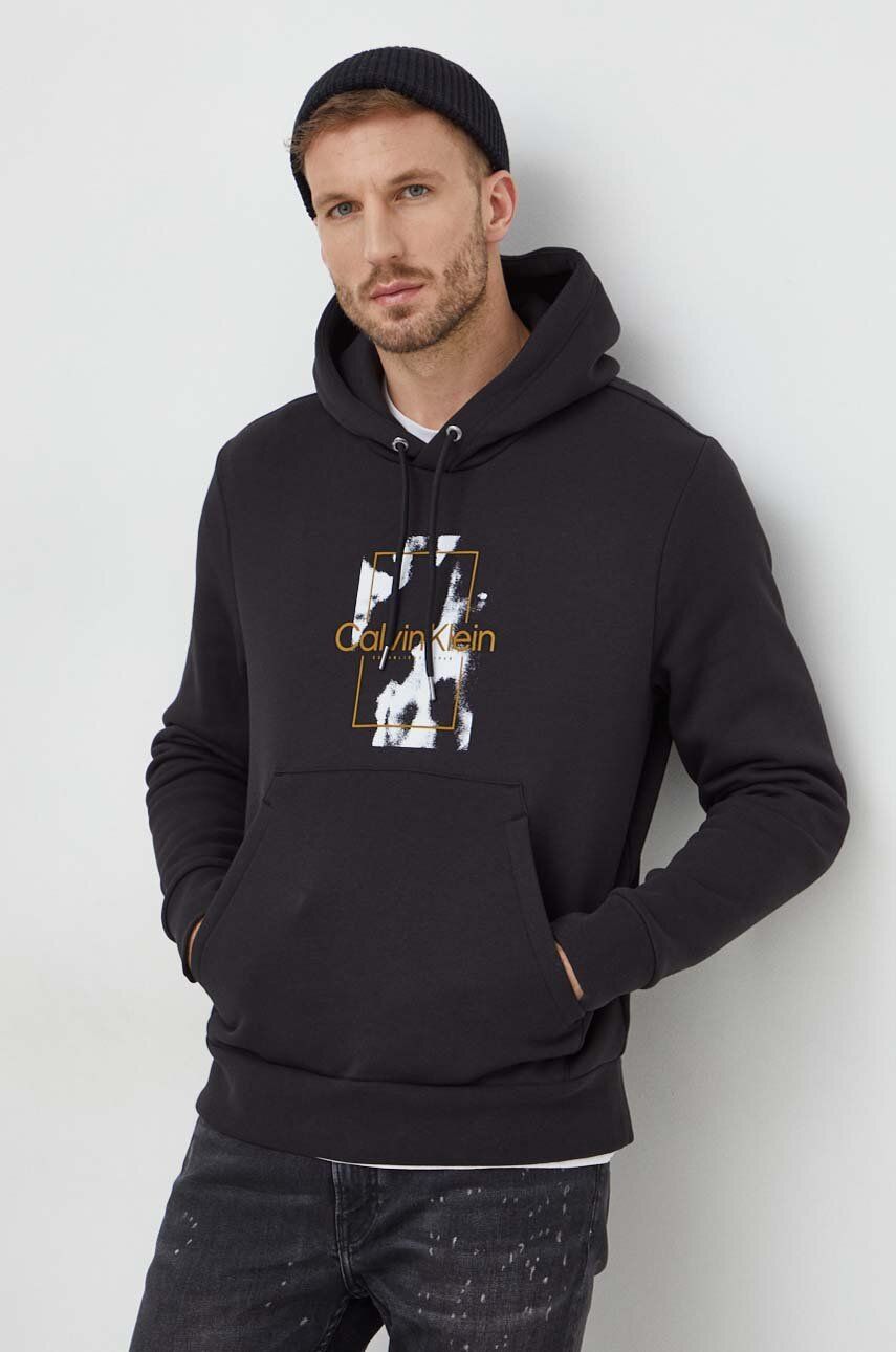 E-shop Mikina Calvin Klein pánská, černá barva, s kapucí, s potiskem