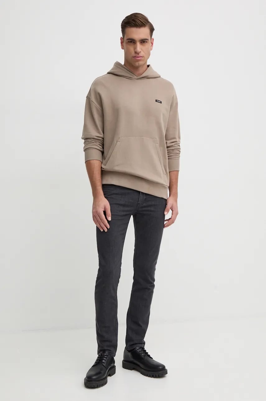 Хлопковая кофта Calvin Klein мужская цвет бежевый с капюшоном Хлопковая кофта Calvin Klein мужская цвет бежевый с капюшоном