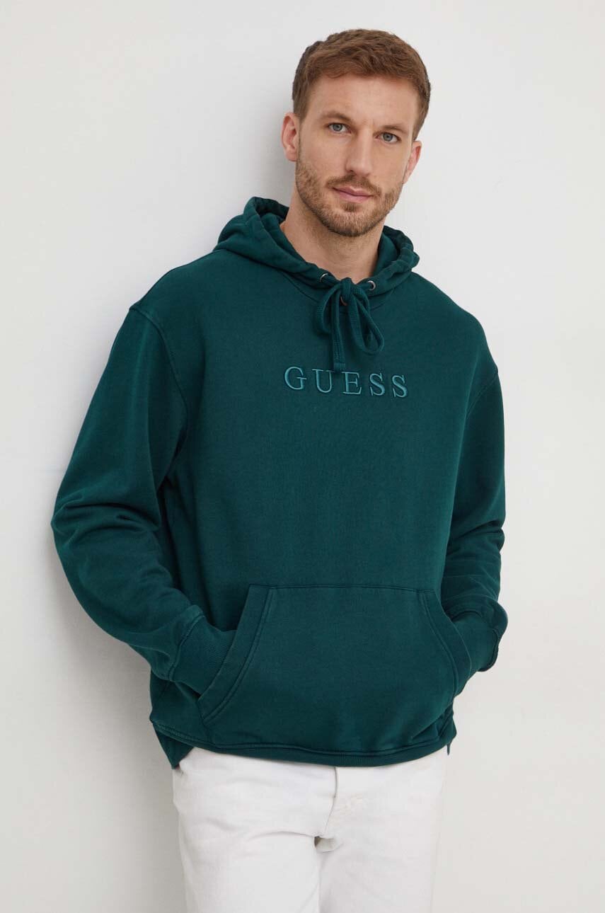 

Хлопковая кофта Guess мужская цвет зелёный с капюшоном с аппликацией