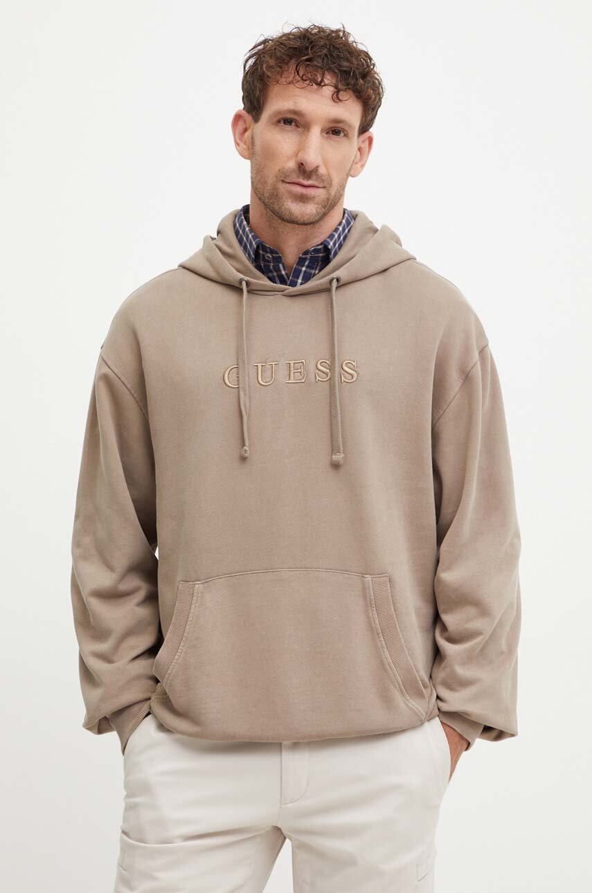 

Памучен суичър Guess в кафяво с качулка с апликация, Кафяв