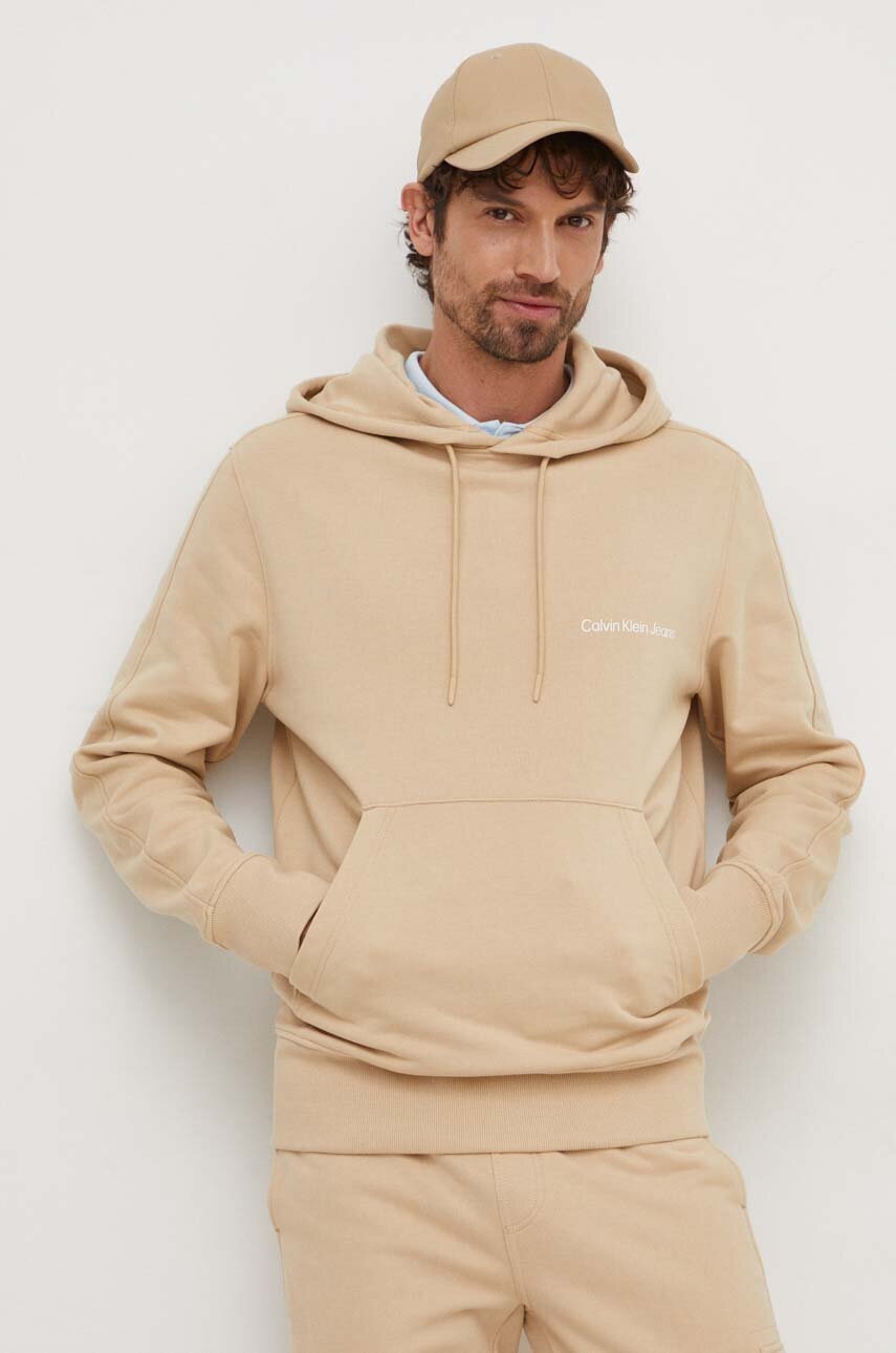 

Памучен суичър Calvin Klein Jeans в бежово с качулка изчистен дизайн J30J324620, Бежов