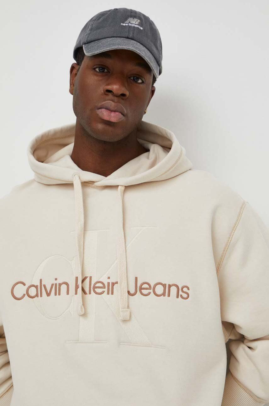 Bavlněná mikina Calvin Klein Jeans pánská, béžová barva, s kapucí, s aplikací, J30J324623