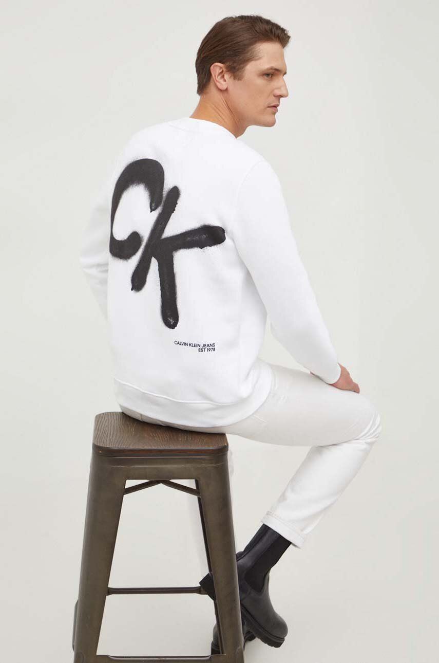 Levně Mikina Calvin Klein Jeans pánská, bílá barva, s potiskem, J30J324625