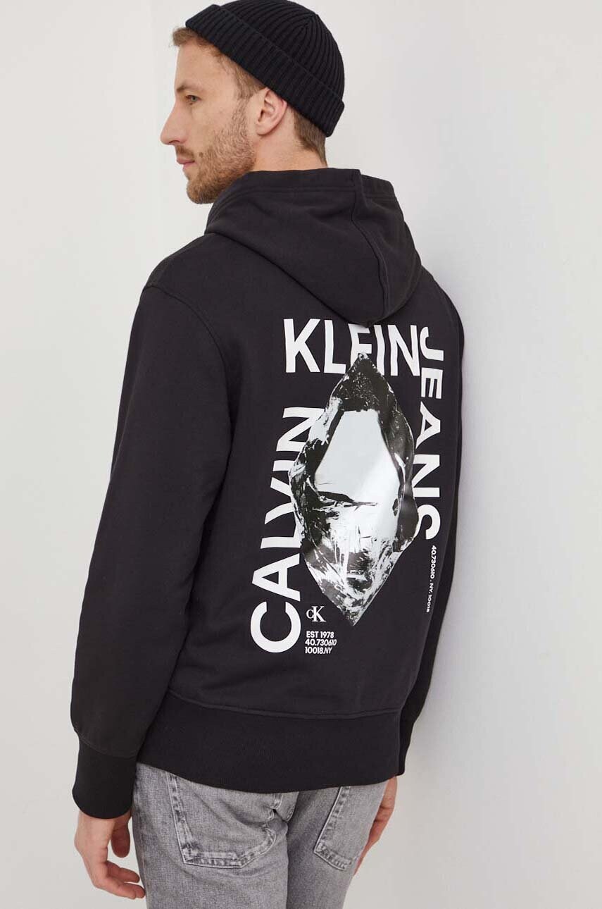 Levně Bavlněná mikina Calvin Klein Jeans pánská, černá barva, s kapucí, s potiskem, J30J324631