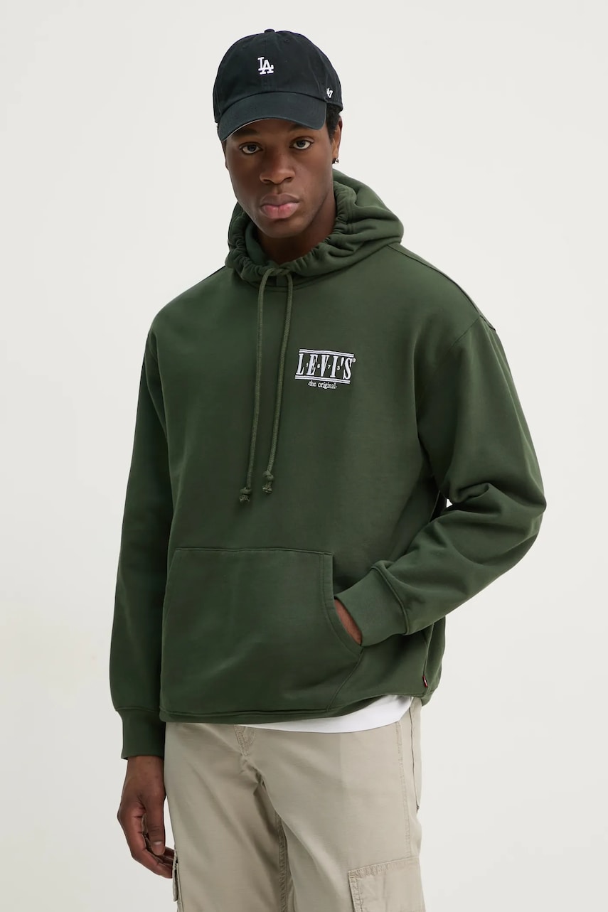 Levi's hanorac de bumbac barbati, culoarea verde, cu glugă, melanj Levi's hanorac de bumbac barbati, culoarea verde, cu glugă, melanj