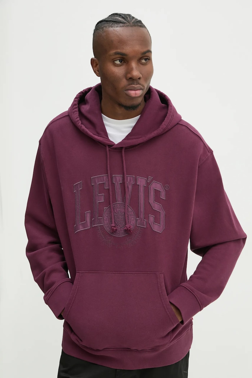 Levi's hanorac de bumbac barbati, culoarea bordo, cu glugă, melanj Levi's hanorac de bumbac barbati, culoarea bordo, cu glugă, melanj