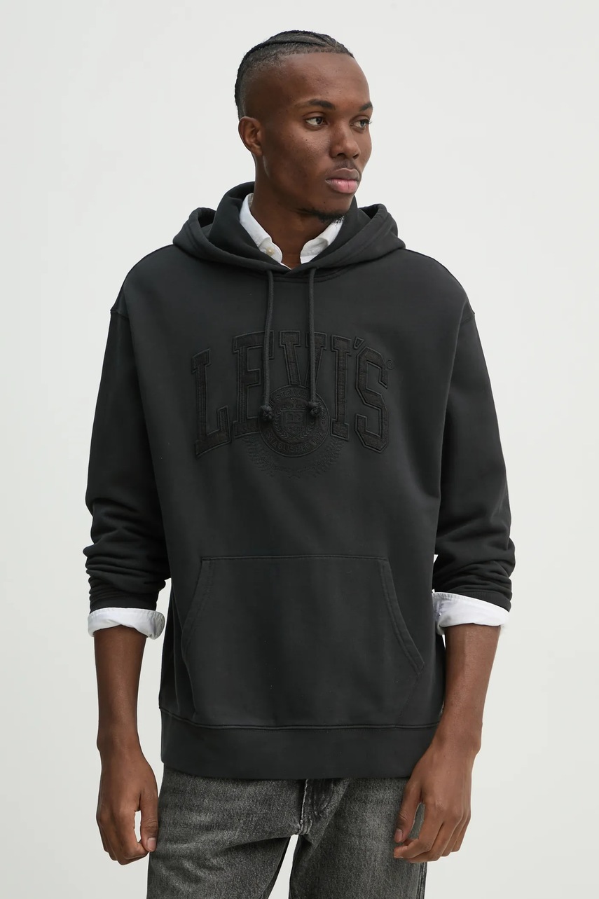 Levi\'s hanorac de bumbac barbati, culoarea negru, cu glugă, melanj