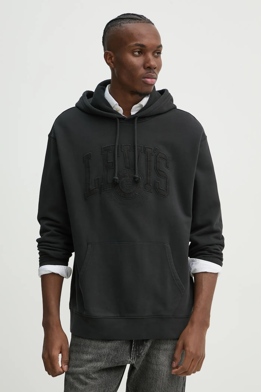 Levi's hanorac de bumbac barbati, culoarea negru, cu glugă, melanj Levi's hanorac de bumbac barbati, culoarea negru, cu glugă, melanj