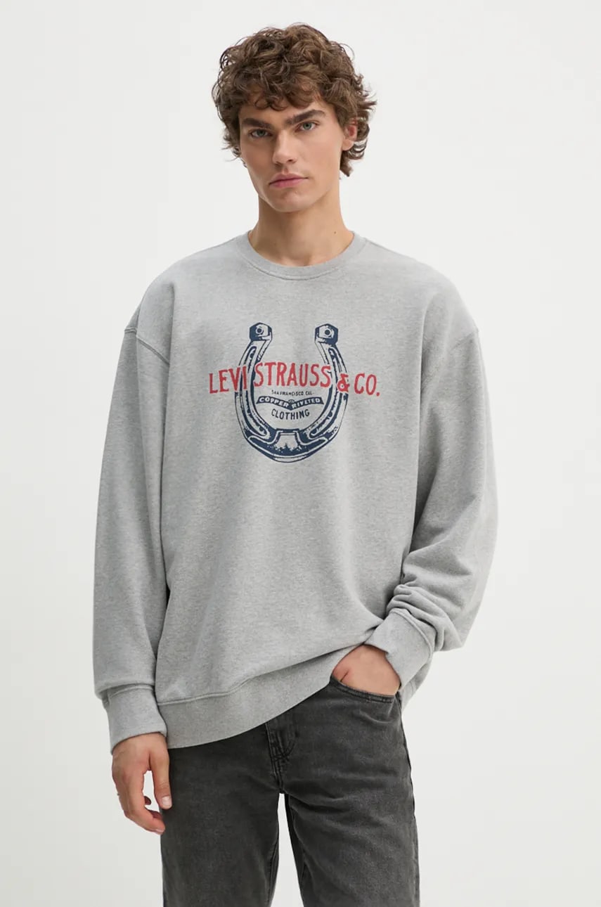Levi's hanorac de bumbac barbati, culoarea gri, cu imprimeu Levi's hanorac de bumbac barbati, culoarea gri, cu imprimeu